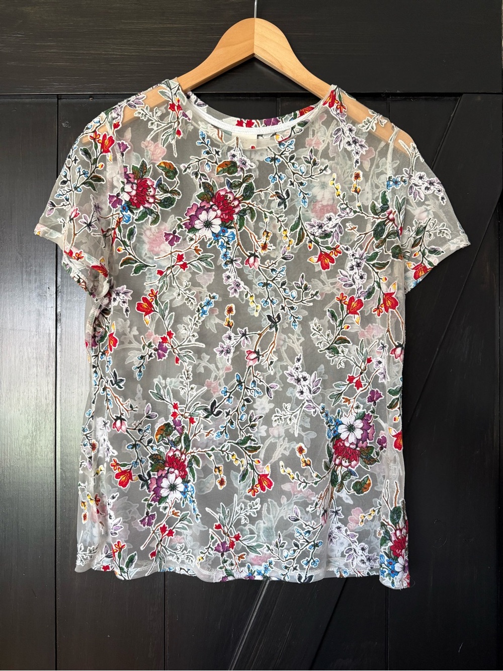a new day Sheer Tee with Multicolor Floral Embroidery